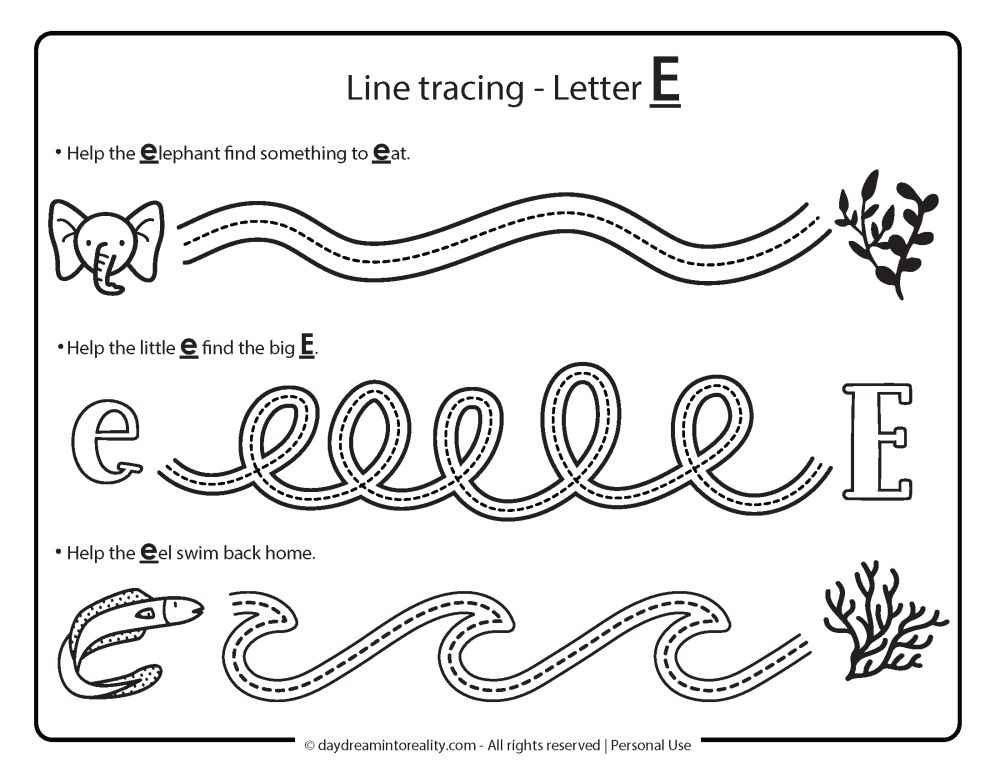 Letter E worksheet free printable - line tracing words that start with e