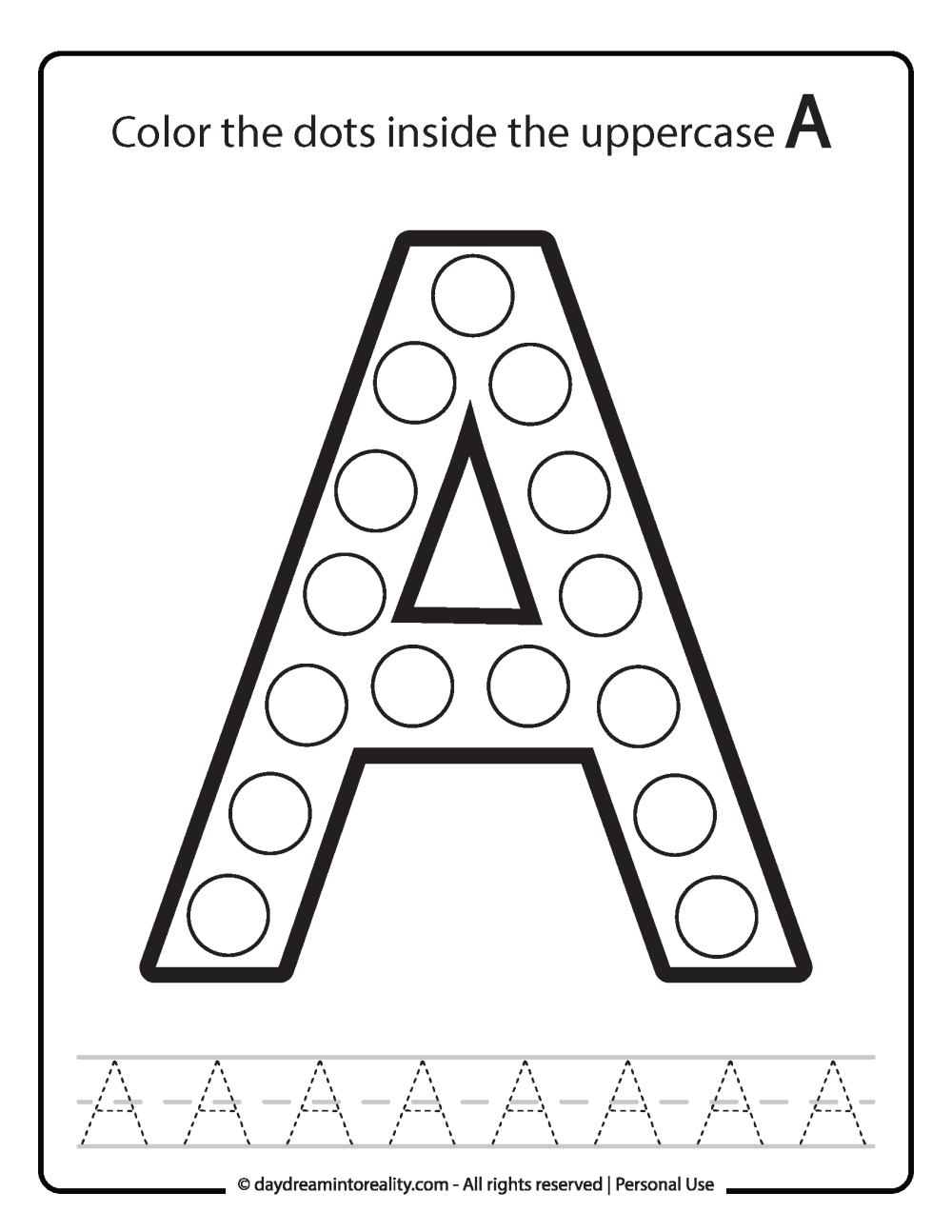 Uppercase "A" Dot Marker Worksheet Free Printable activity for kids (preschool, kindergarten)