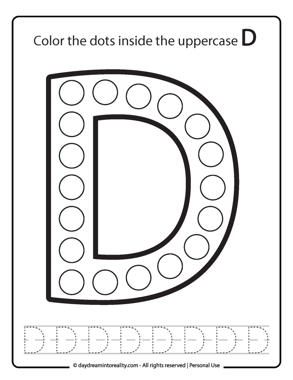 Letter Uppercase "D" Dot Marker Worksheet Free Printable activity for kids (preschool, kindergarten)