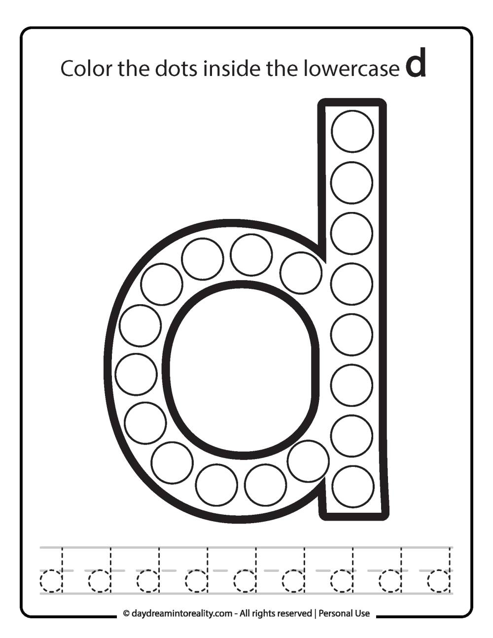 Lowercase "d" Dot Marker Worksheet Free Printable activity for kids (preschool, kindergarten)