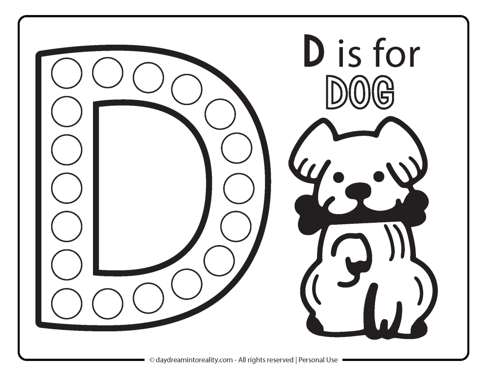 Letter "d" Dot Marker Worksheet Free Printable activity for kids (preschool, kindergarten). D IS FOR DOG