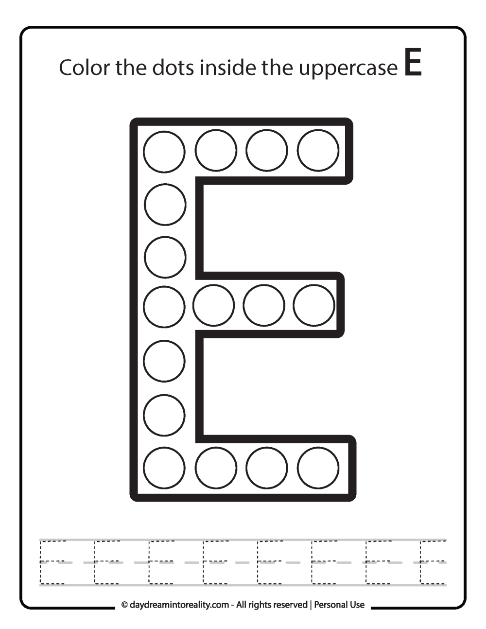 Uppercase "E" Dot Marker Worksheet Free Printable activity for kids (preschool, kindergarten)