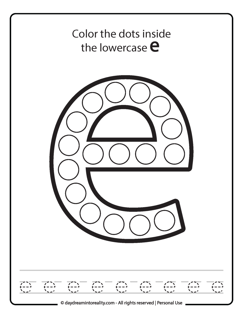 Lowercase "e" Dot Marker Worksheet Free Printable activity for kids (preschool, kindergarten)
