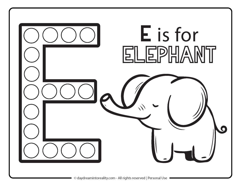 Letter "e" Dot Marker Worksheet Free Printable activity for kids (preschool, kindergarten). E IS FOR ELEPHANT