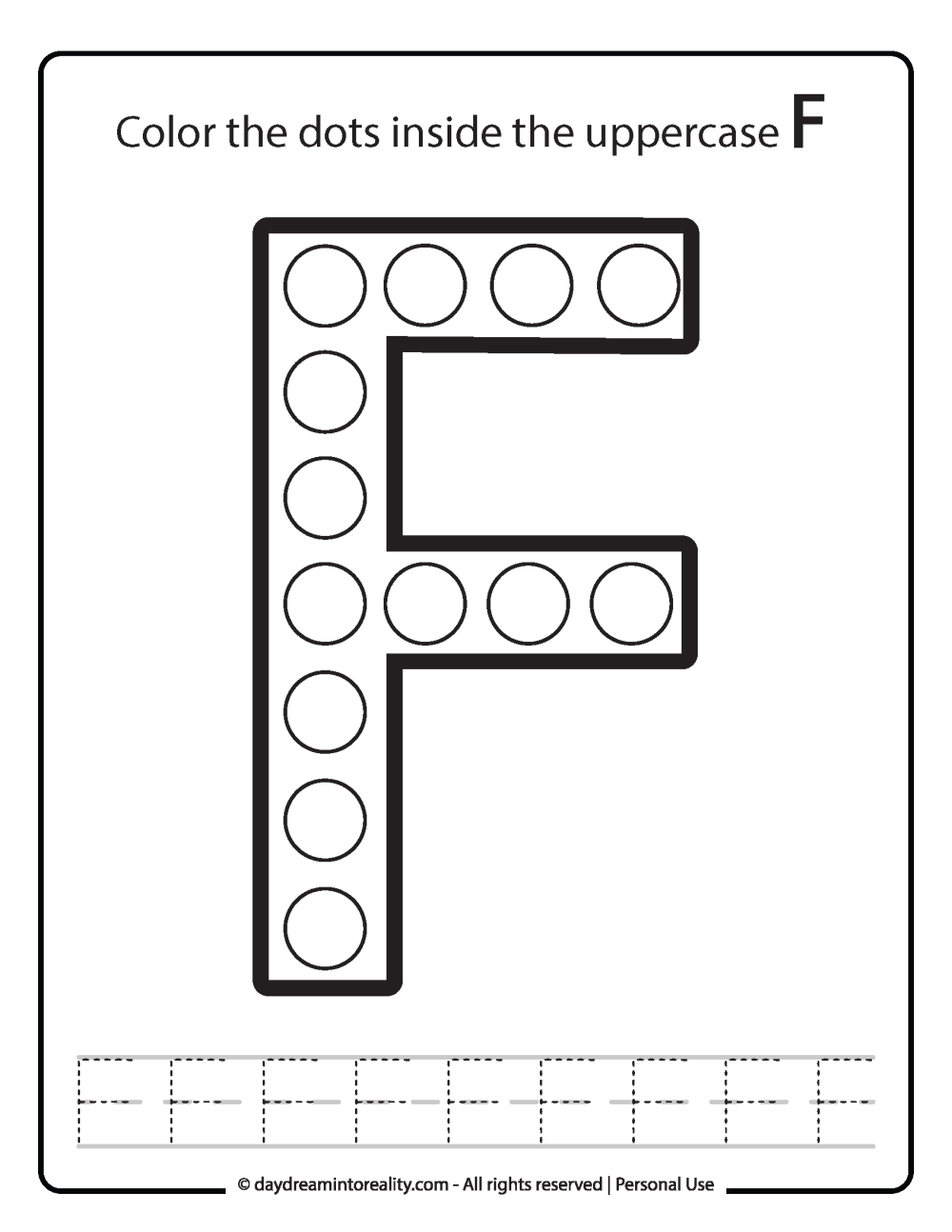Uppercase "F" Dot Marker Worksheet Free Printable activity for kids (preschool, kindergarten)