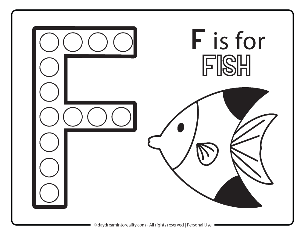 Letter "F" Dot Marker Worksheet Free Printable activity for kids (preschool, kindergarten). F IS FOR FISH