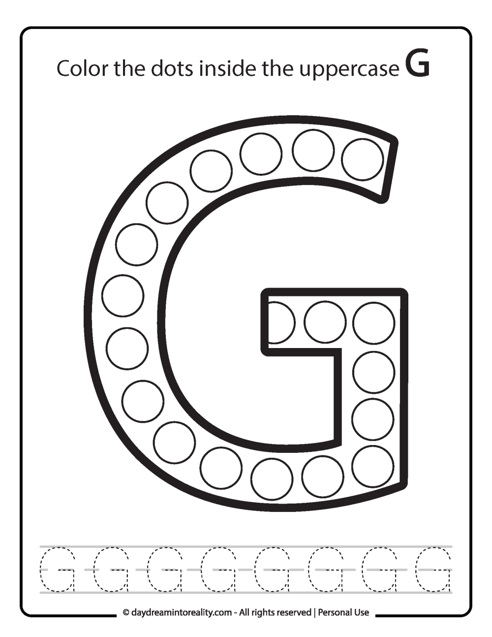 Uppercase "G" Dot Marker Worksheet Free Printable activity for kids (preschool, kindergarten)