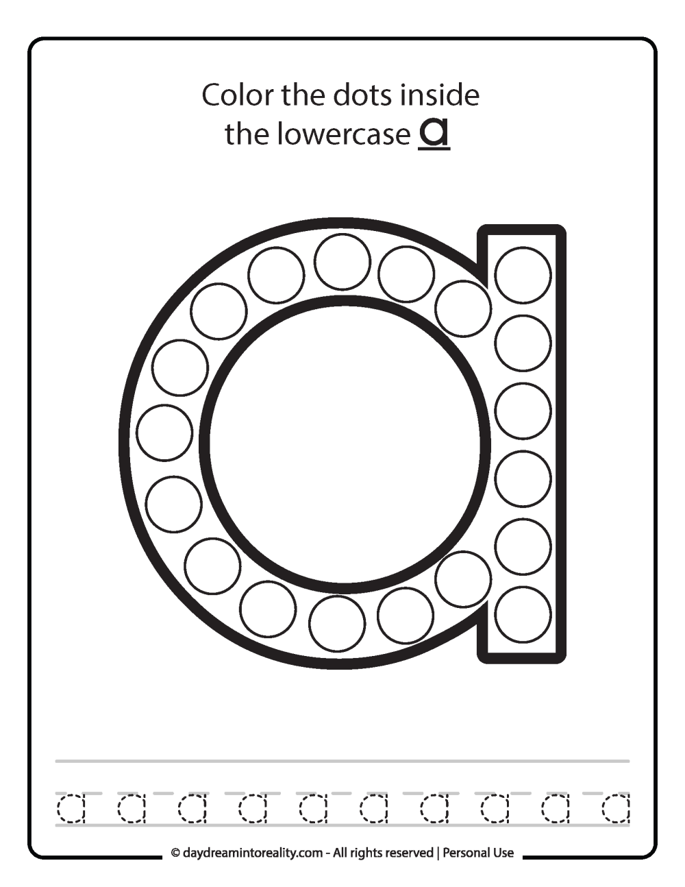 Lowercase "a" Dot Marker Worksheet Free Printable activity for kids (preschool, kindergarten)