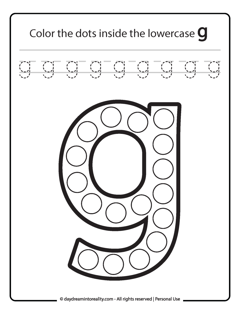 Lowercase "g" Dot Marker Worksheet Free Printable activity for kids (preschool, kindergarten)