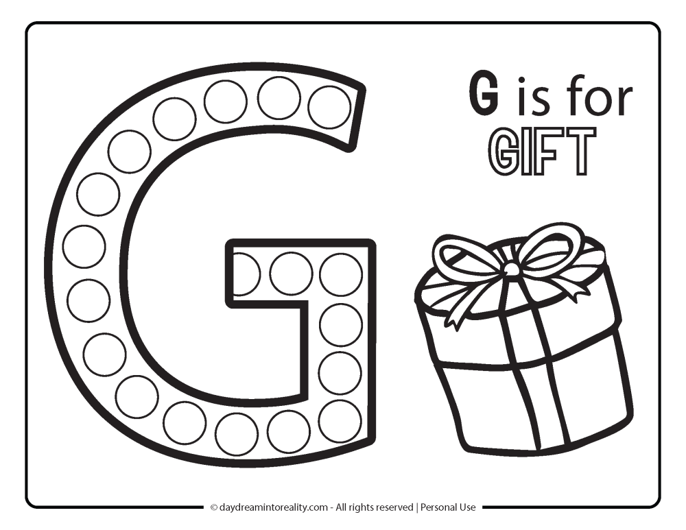 Letter "g" Dot Marker Worksheet Free Printable activity for kids (preschool, kindergarten). G IS FOR GIFT