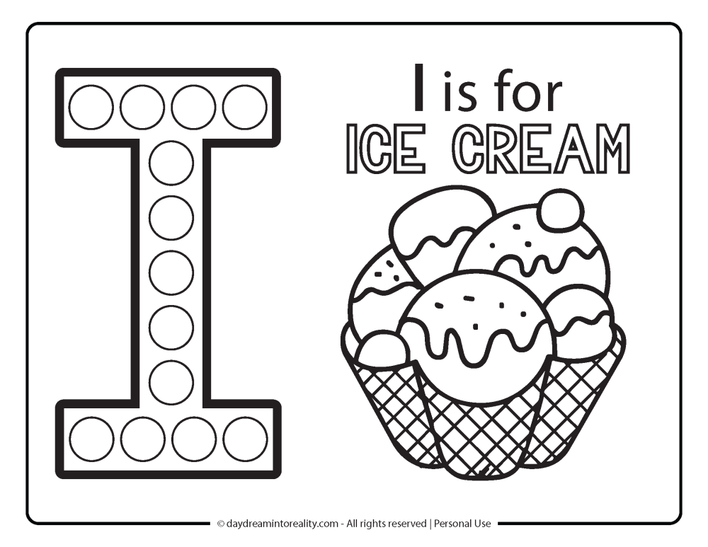 Letter I "Ice cream" Dot Marker Worksheet Free Printable activity for kids (preschool, kindergarten). I IS FOR ICE CREAM