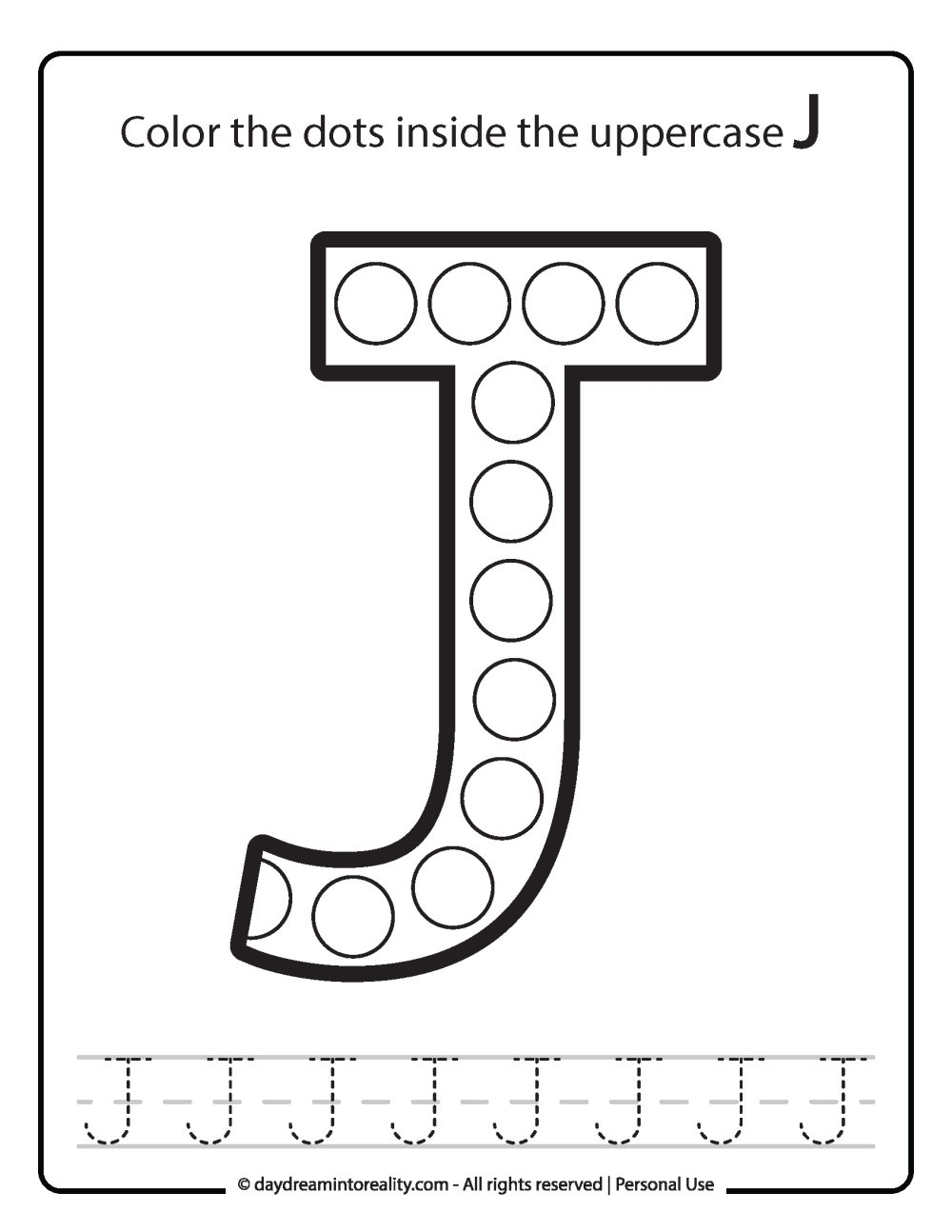 Uppercase "J" Dot Marker Worksheet Free Printable activity for kids (preschool, kindergarten)
