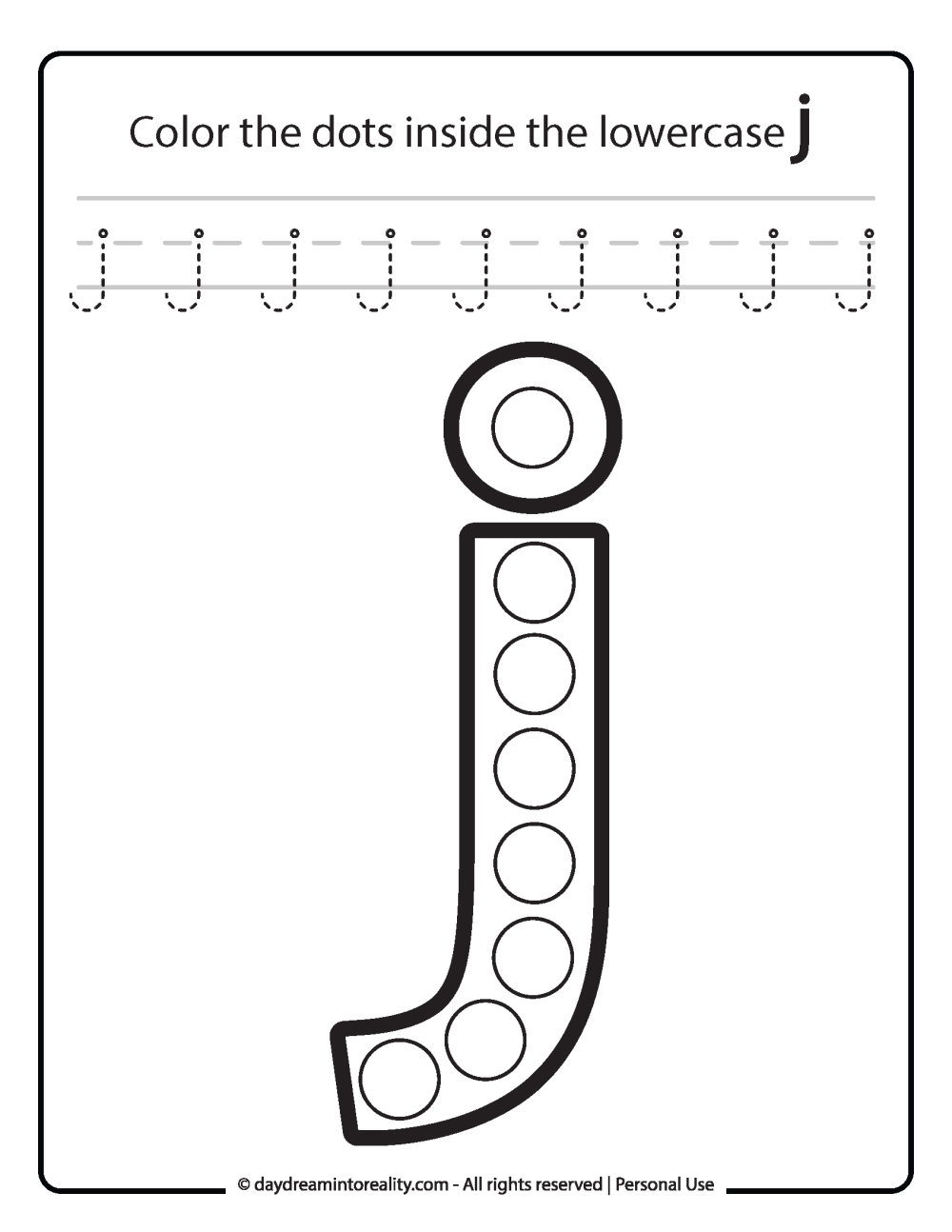 Lowercase "j" Dot Marker Worksheet Free Printable activity for kids (preschool, kindergarten)
