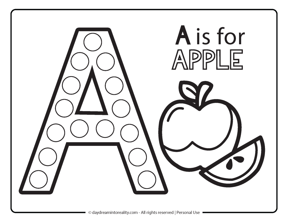 Letter "A" Dot Marker Worksheet Free Printable activity for kids (preschool, kindergarten). A IS FOR APPLE.