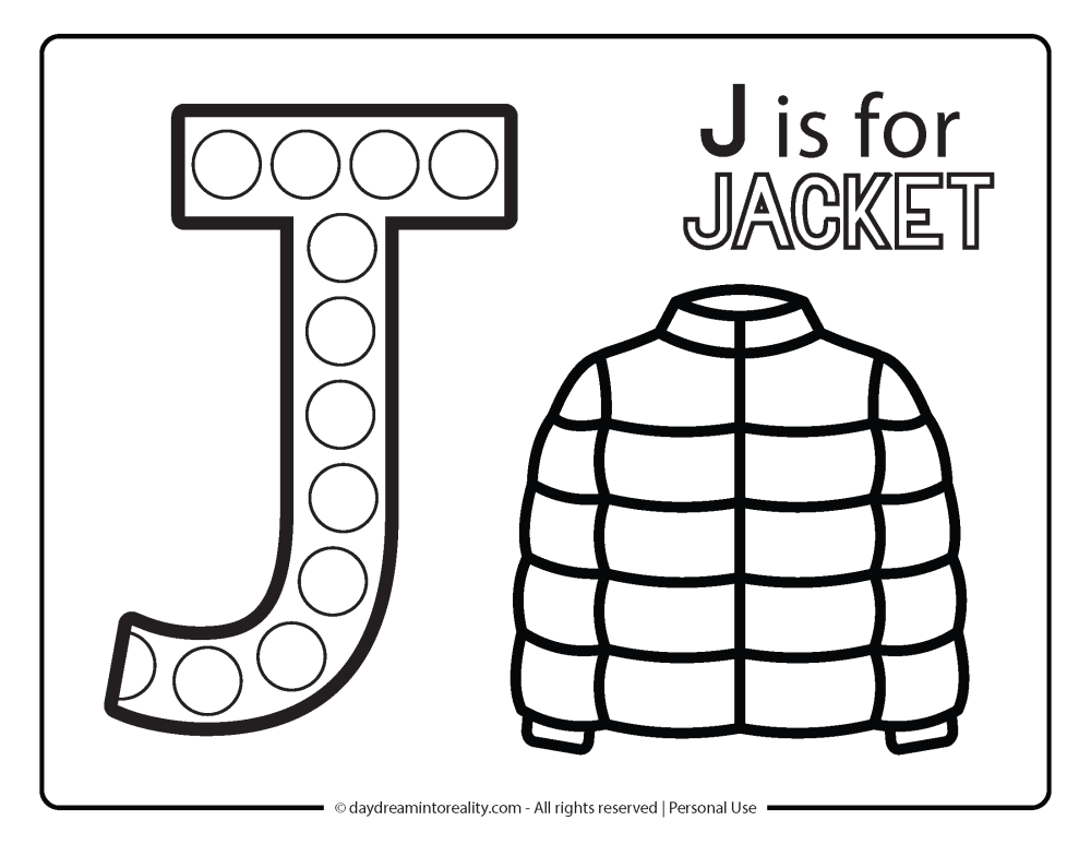 Letter "j" Dot Marker Worksheet Free Printable activity for kids (preschool, kindergarten). J IS FOR JACKET