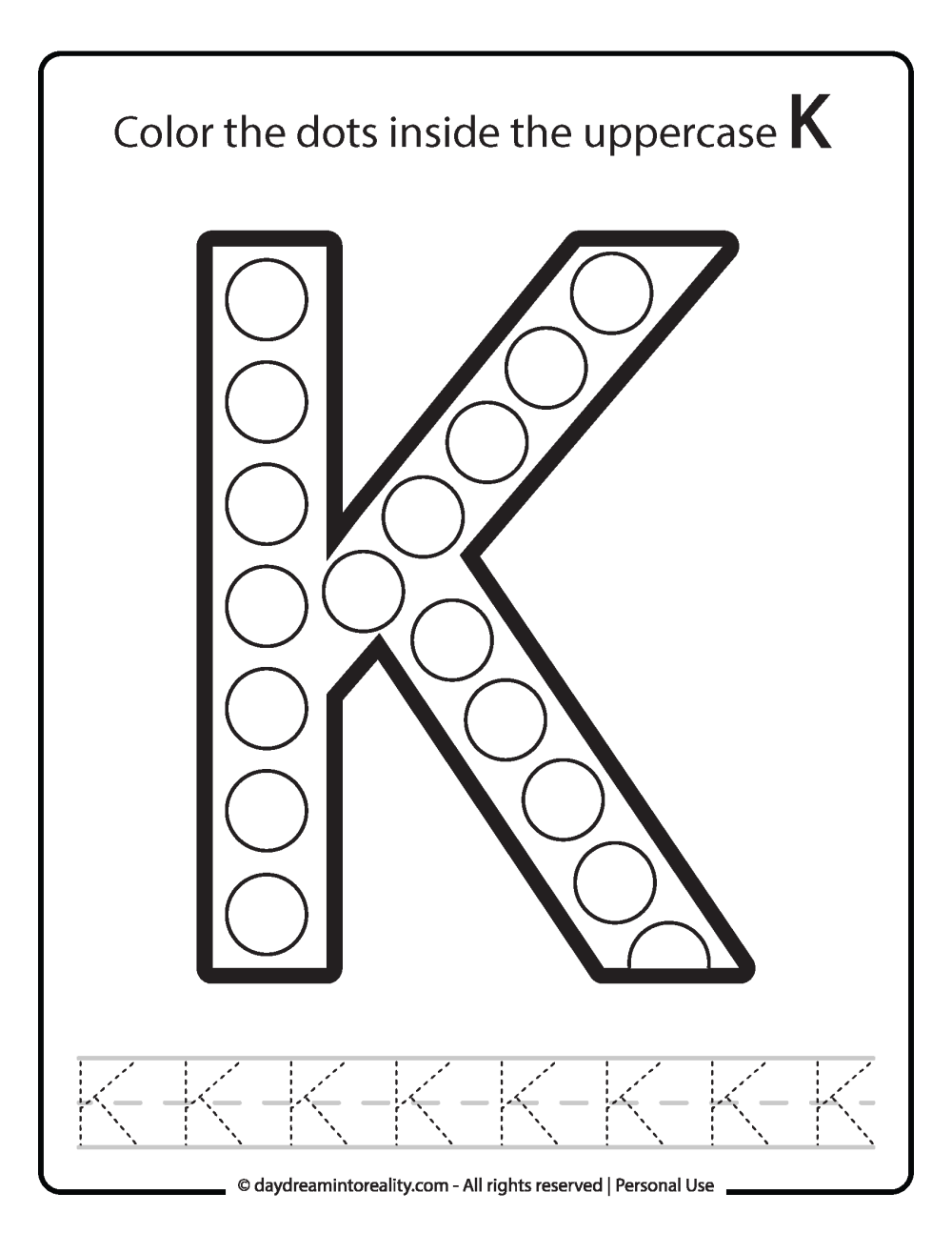 Uppercase "K" Dot Marker Worksheet Free Printable activity for kids (preschool, kindergarten)