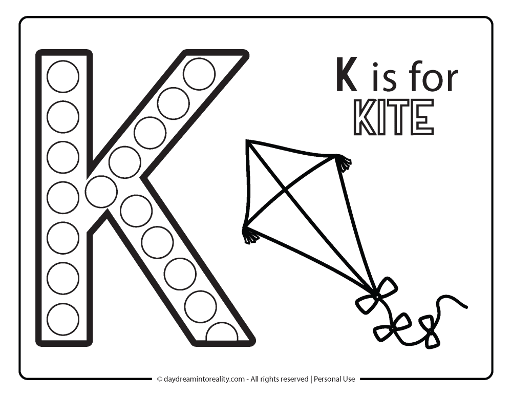 Letter "K" Dot Marker Worksheet Free Printable activity for kids (preschool, kindergarten). K IS FOR KITE