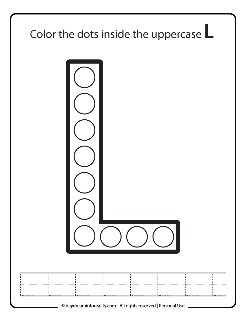 Uppercase "L" Dot Marker Worksheet Free Printable activity for kids (preschool, kindergarten).