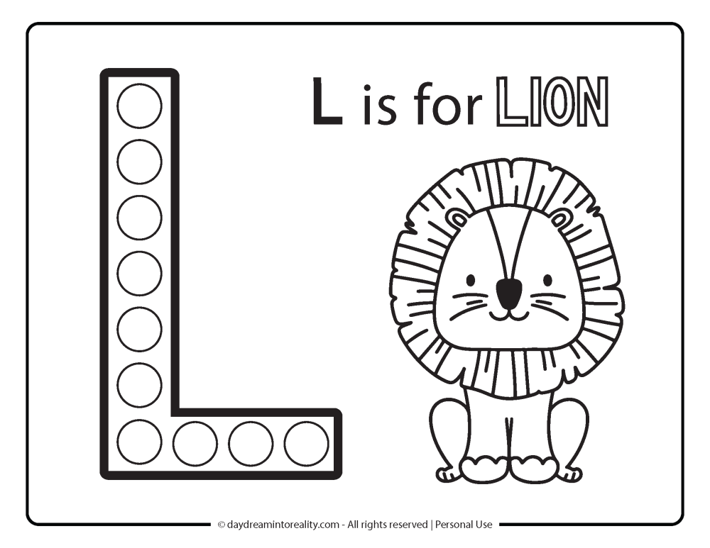 Letter "l" Dot Marker Worksheet Free Printable activity for kids (preschool, kindergarten). l is for lion