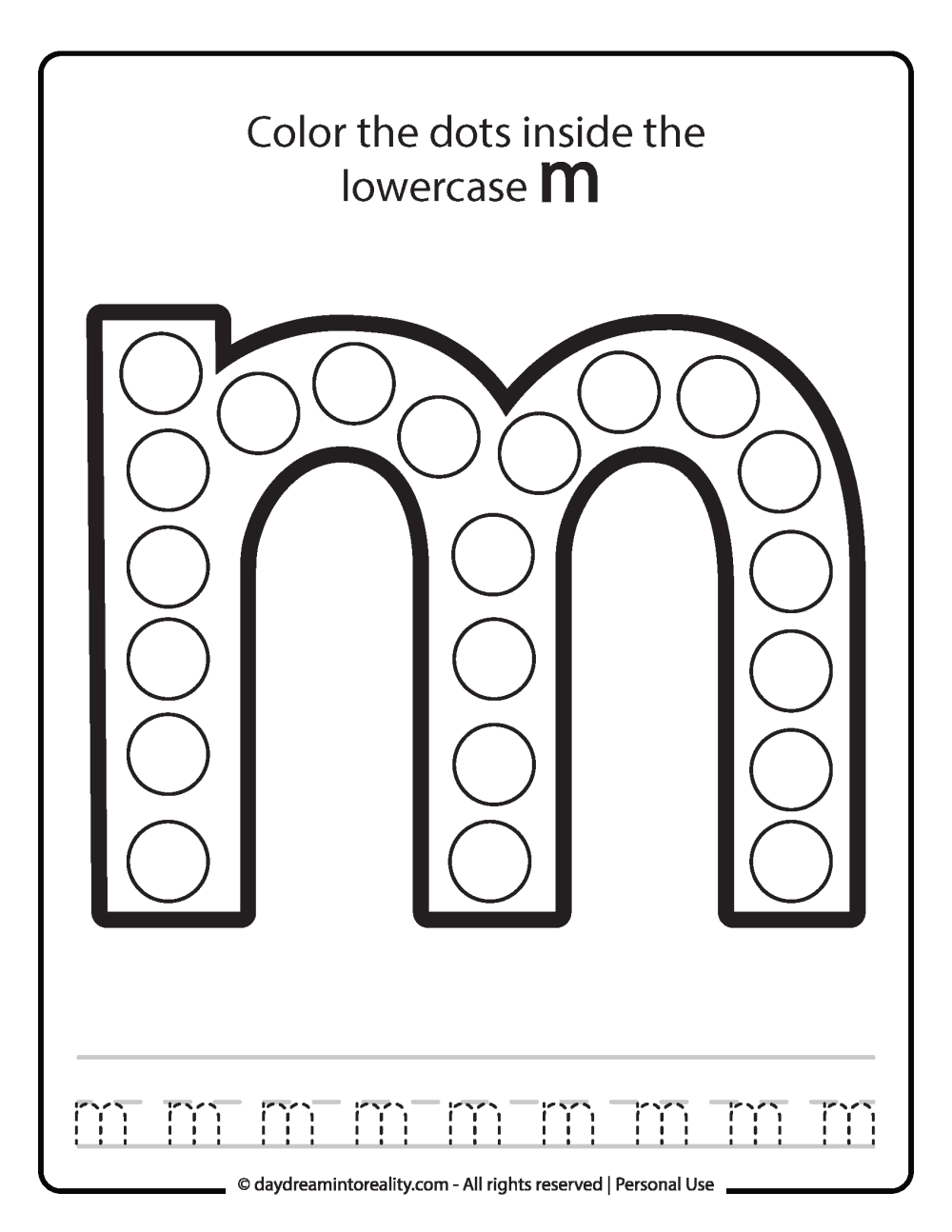 Lowercase "m" Dot Marker Worksheet Free Printable activity for kids (preschool, kindergarten)