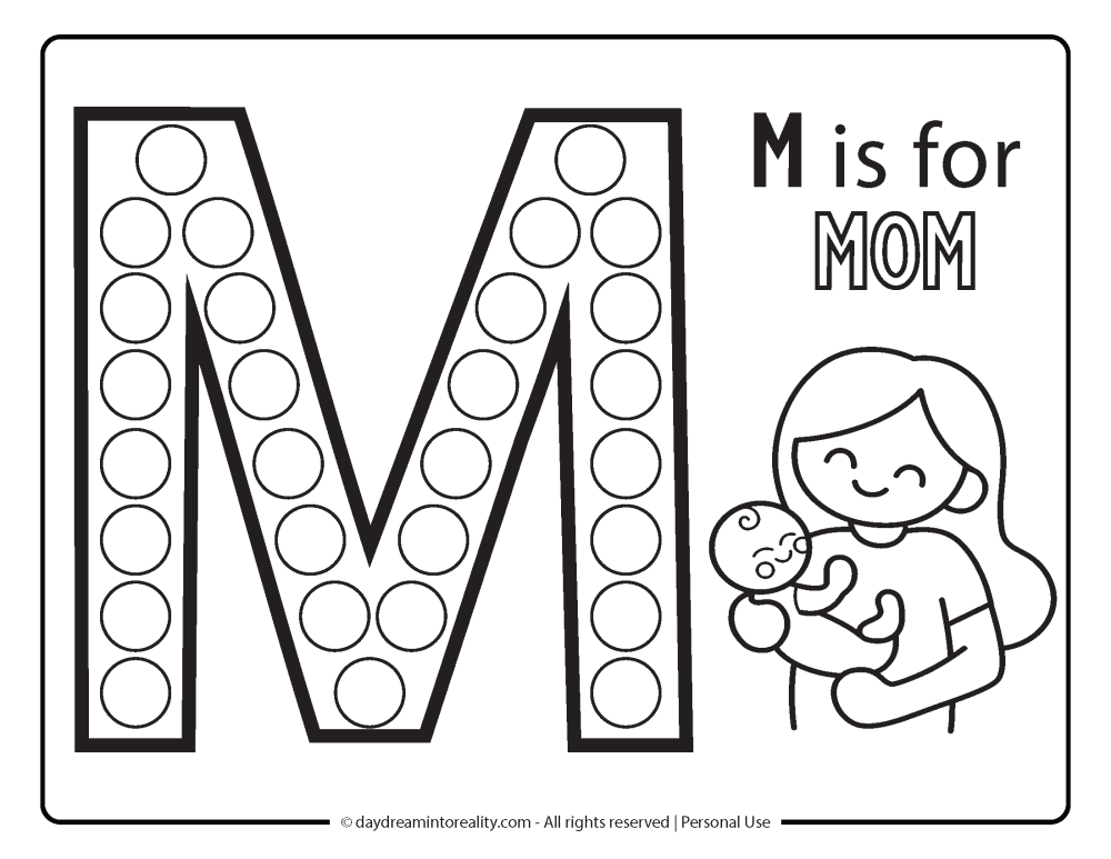 Letter "m" Dot Marker Worksheet Free Printable activity for kids (preschool, kindergarten). M is for mom
