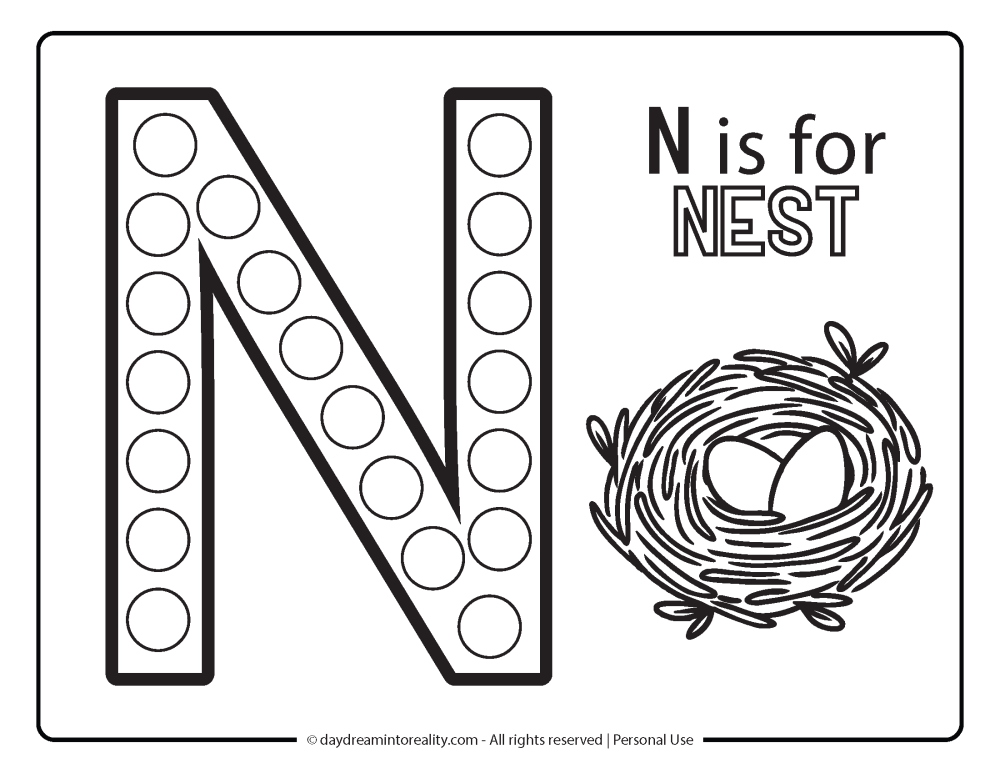 Letter "n" Dot Marker Worksheet Free Printable activity for kids (preschool, kindergarten). N IS FOR NEST