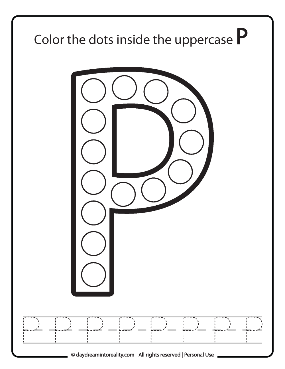 Uppercase "P" Dot Marker Worksheet Free Printable activity for kids (preschool, kindergarten)