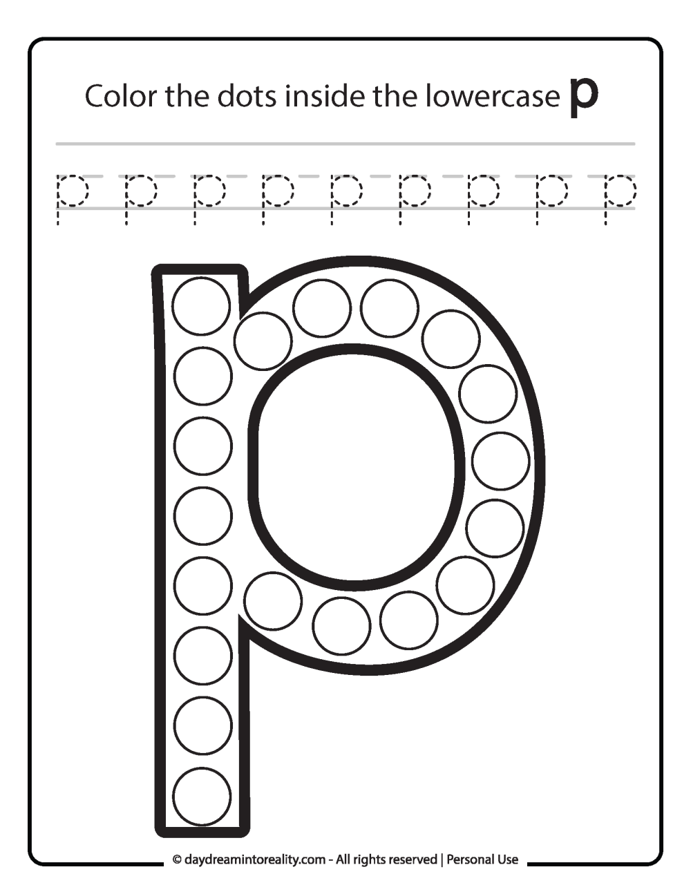 Lowercase "p" Dot Marker Worksheet Free Printable activity for kids (preschool, kindergarten)
