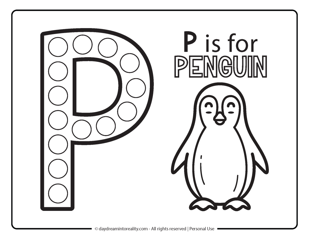 Letter "p" Dot Marker Worksheet Free Printable activity for kids (preschool, kindergarten). P IS FOR PENGUIN