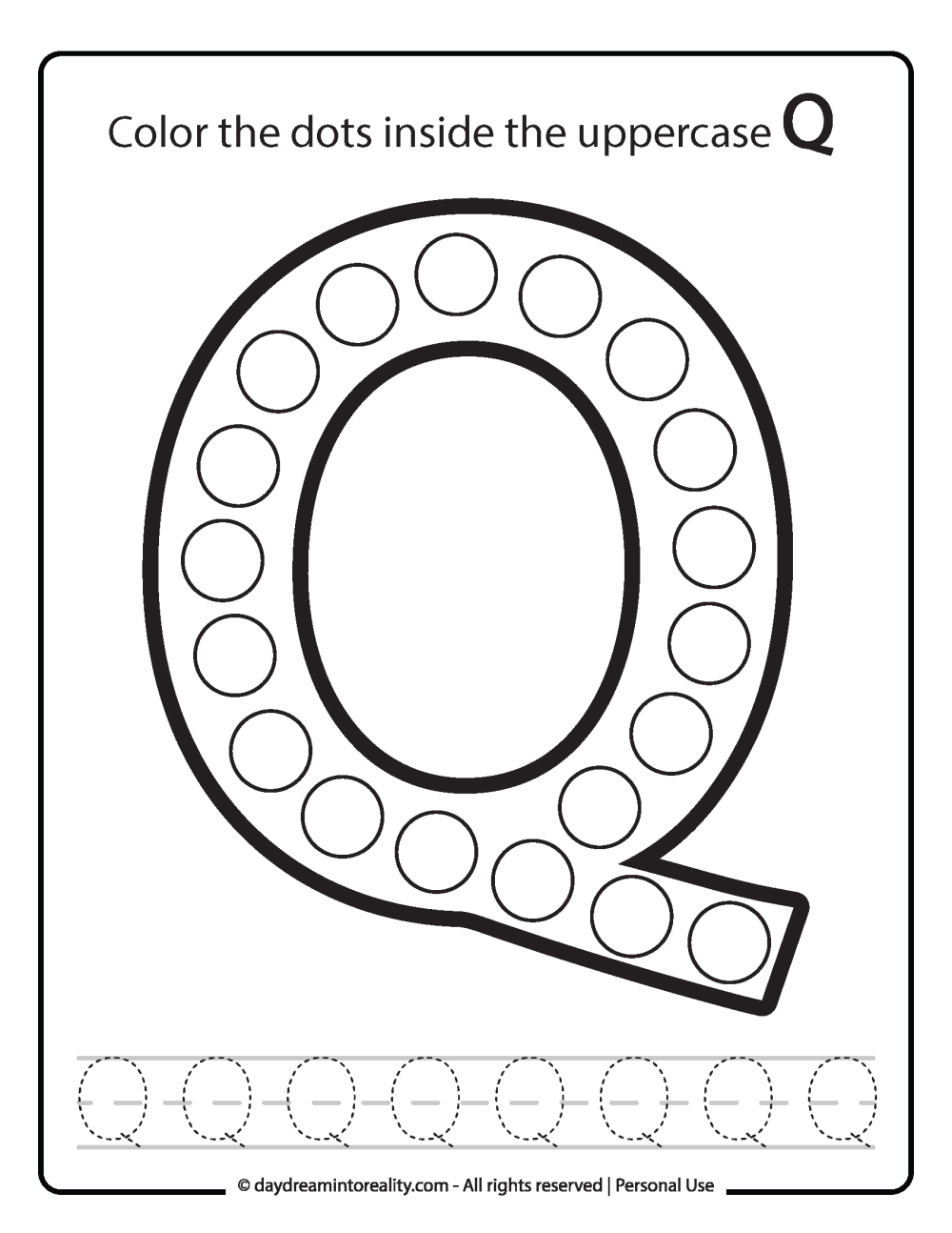 Uppercase "Q" Dot Marker Worksheet Free Printable activity for kids (preschool, kindergarten).