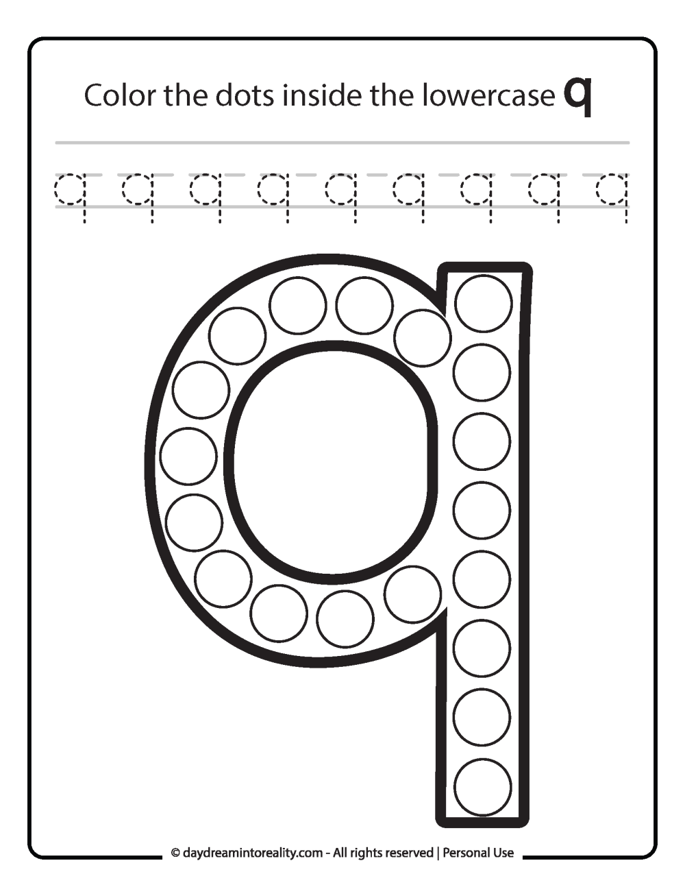 Lowercase "q" Dot Marker Worksheet Free Printable activity for kids (preschool, kindergarten)