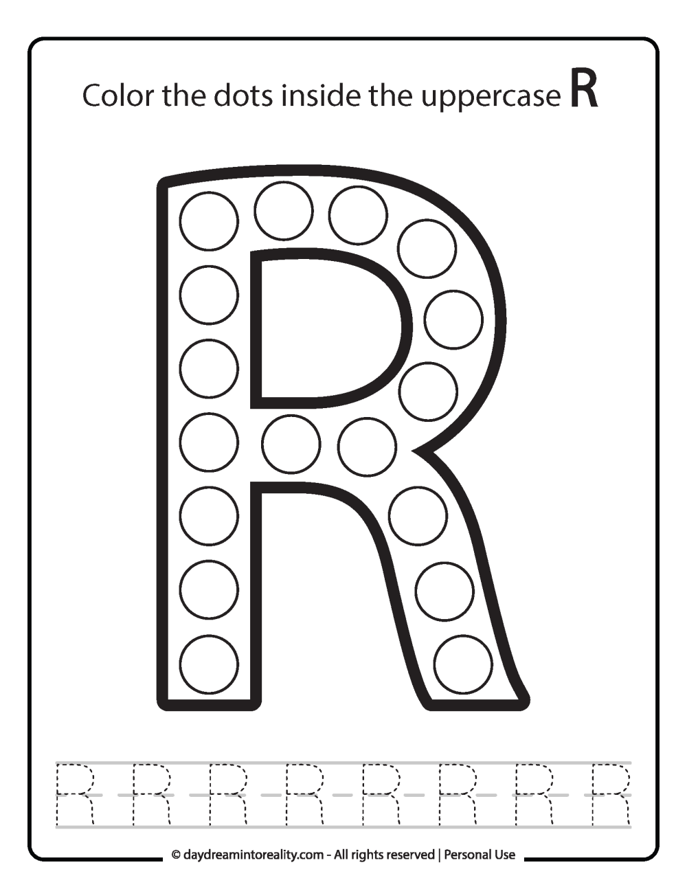 Uppercase "R" Dot Marker Worksheet Free Printable activity for kids (preschool, kindergarten)