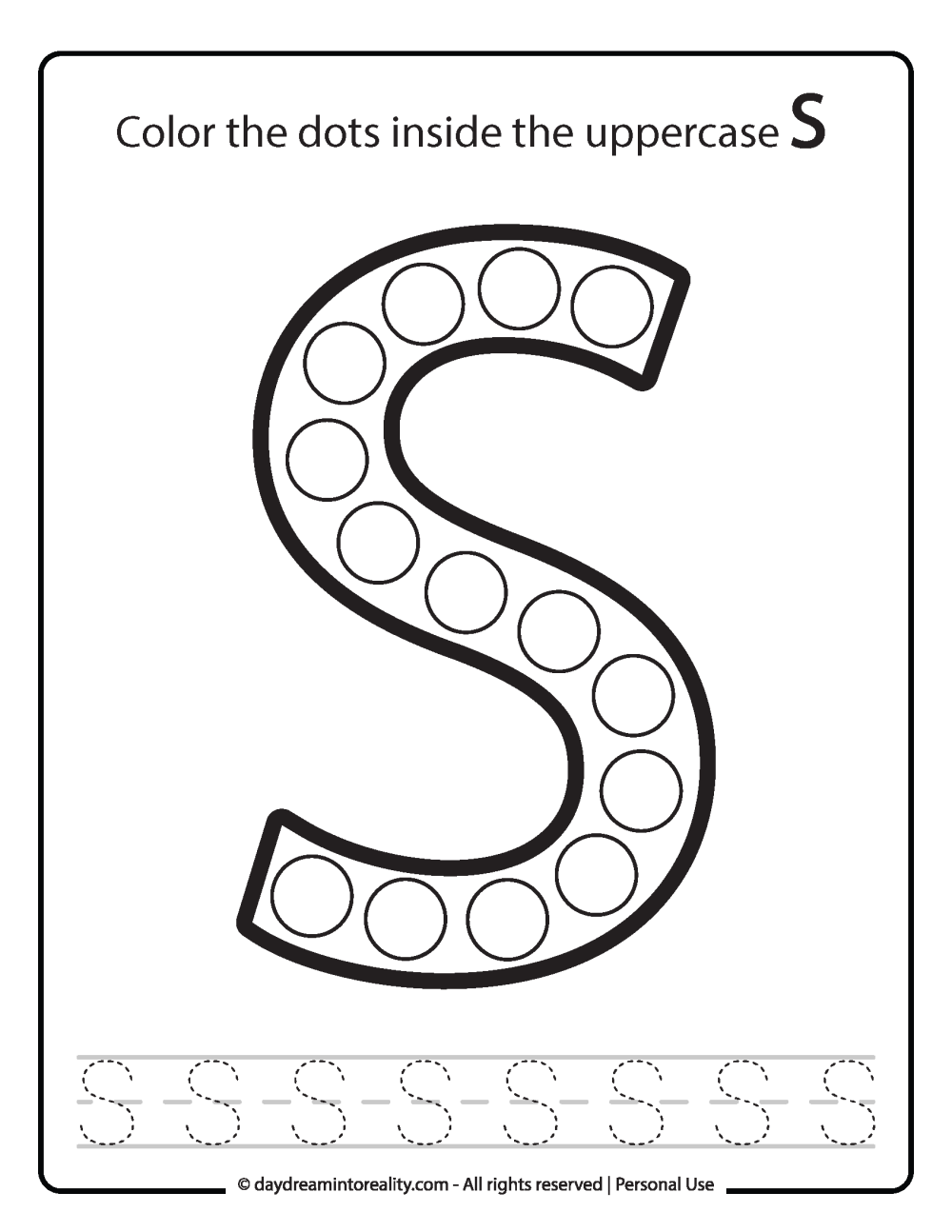 Uppercase "S" Dot Marker Worksheet Free Printable activity for kids (preschool, kindergarten)