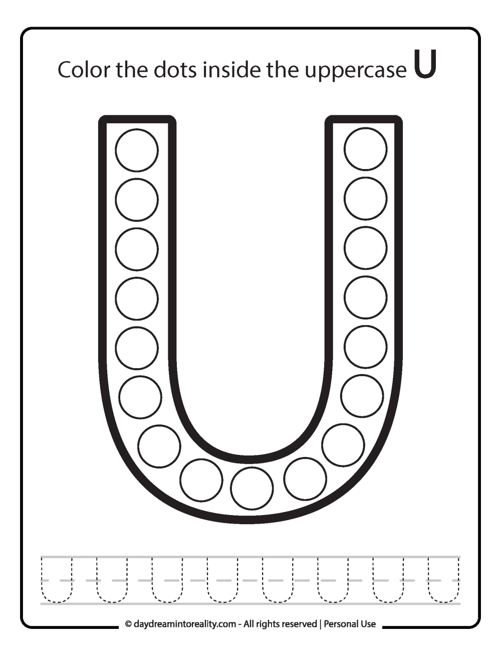 Uppercase "U" Dot Marker Worksheet Free Printable activity for kids (preschool, kindergarten)