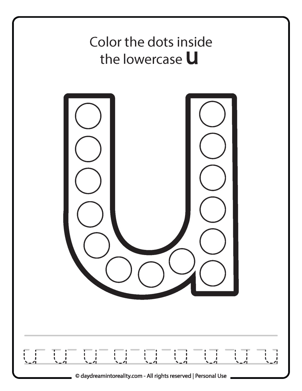 Lowercase "u" Dot Marker Worksheet Free Printable activity for kids (preschool, kindergarten)