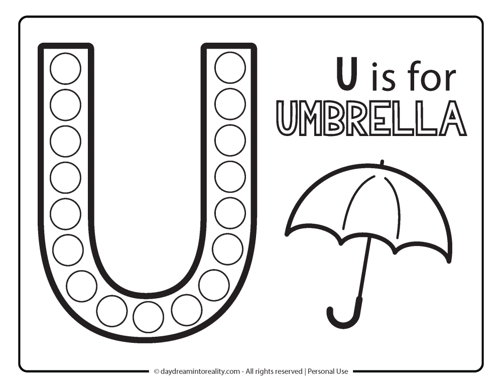 Letter "U" Dot Marker Worksheet Free Printable activity for kids (preschool, kindergarten). U IS FOR UMBRELLA