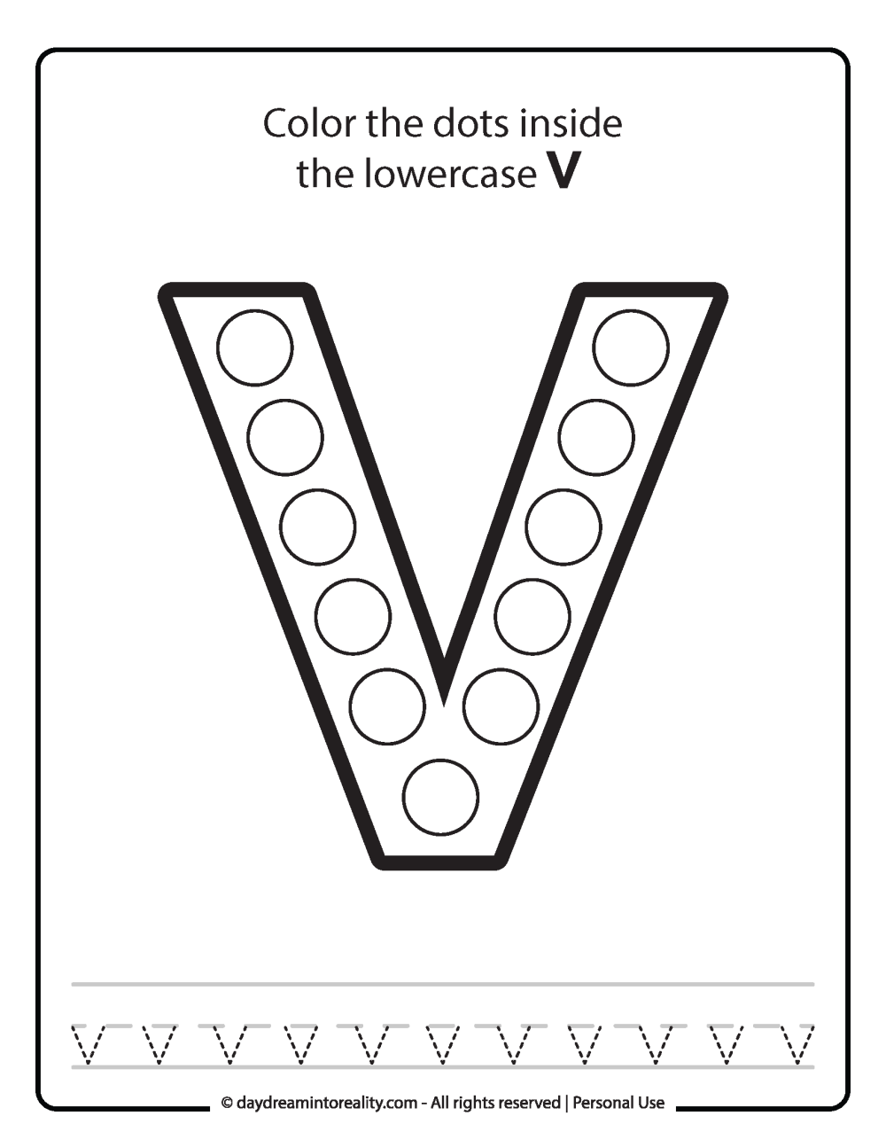 Lowercase "v" Dot Marker Worksheet Free Printable activity for kids (preschool, kindergarten)