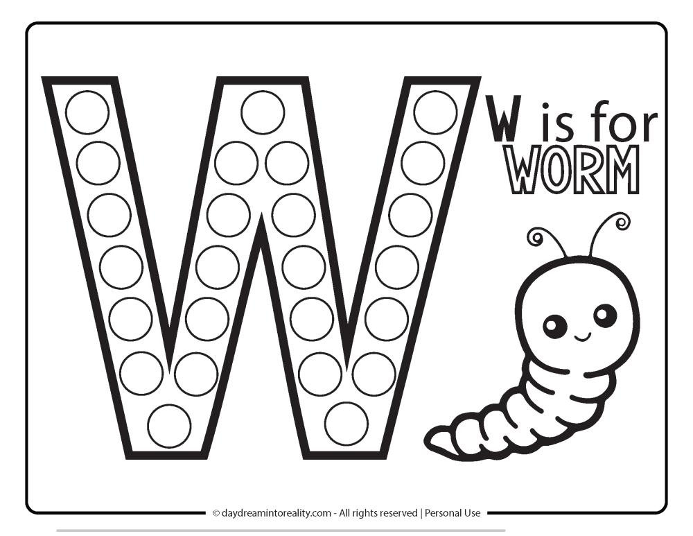 Letter "w" Dot Marker Worksheet Free Printable activity for kids (preschool, kindergarten). W IS FOR WORM