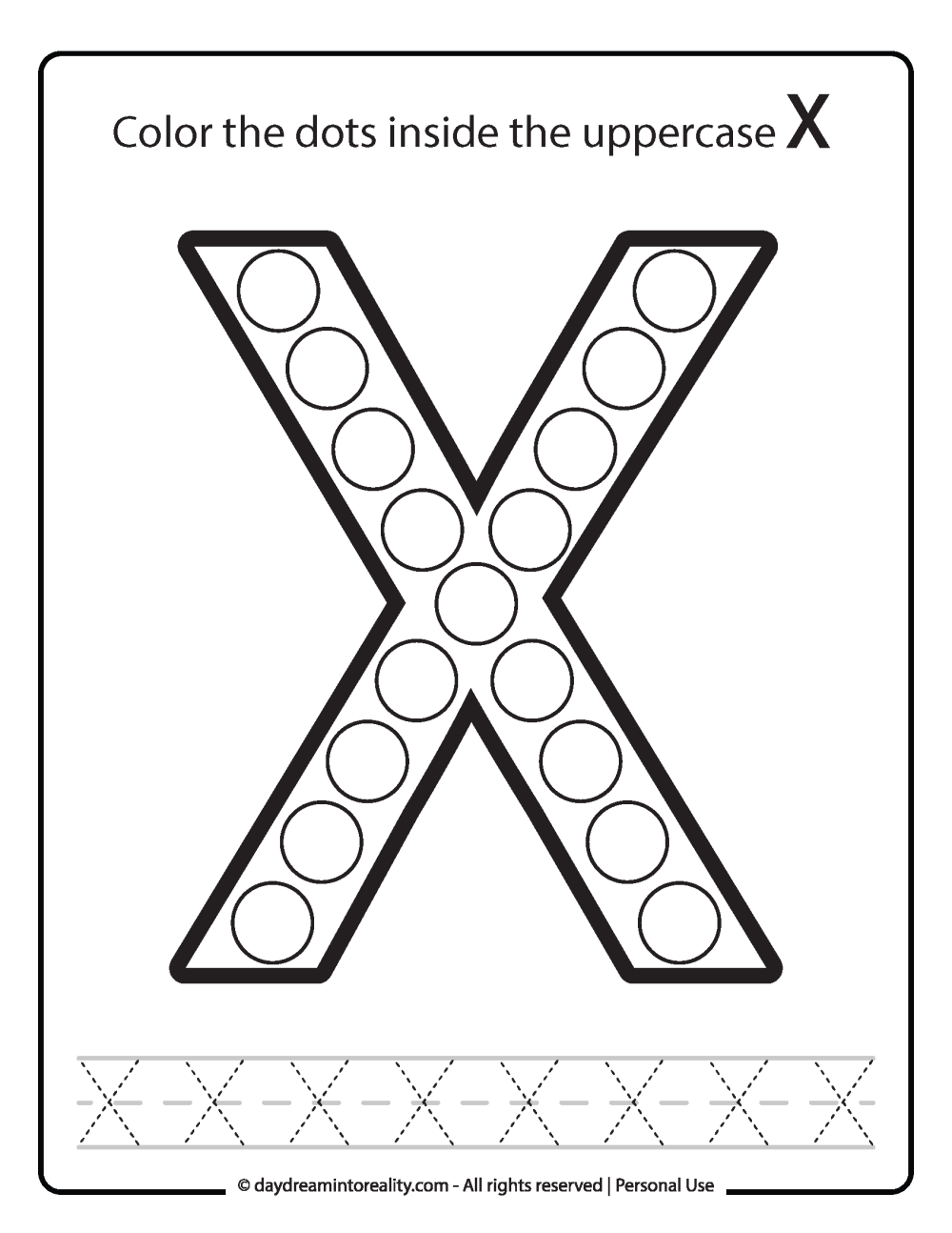Uppercase "X" Dot Marker Worksheet Free Printable activity for kids (preschool, kindergarten)