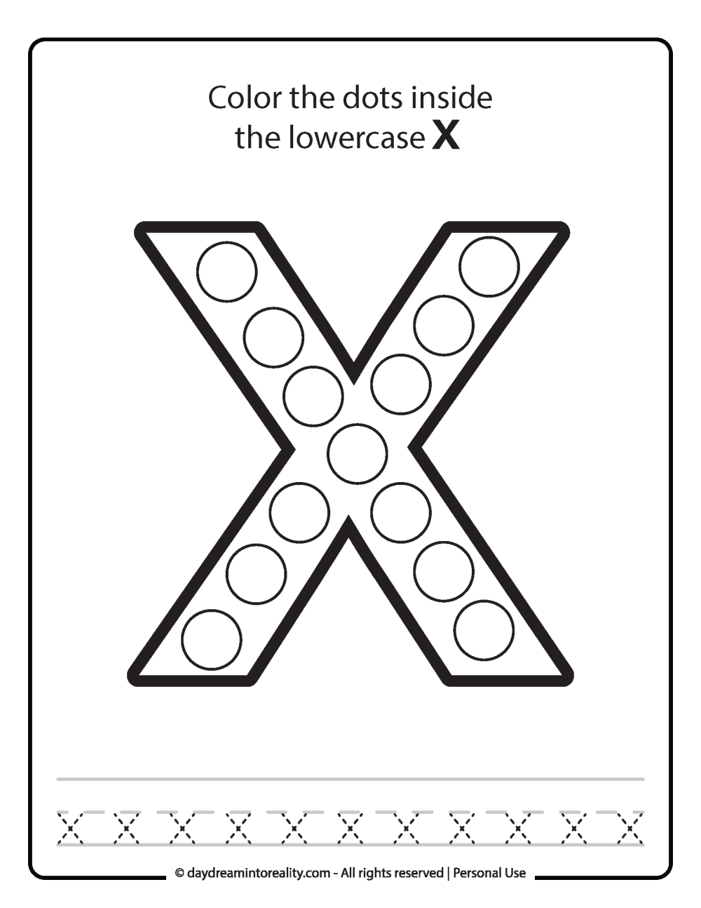 Lowercase "x" Dot Marker Worksheet Free Printable activity for kids (preschool, kindergarten)