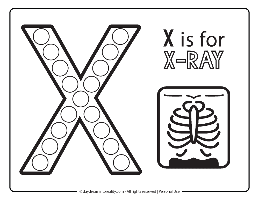 Letter "x" Dot Marker Worksheet Free Printable activity for kids (preschool, kindergarten). X IS FOR X-RAY