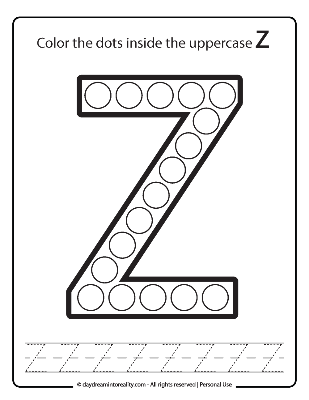 Uppercase "Z" Dot Marker Worksheet Free Printable activity for kids (preschool, kindergarten)