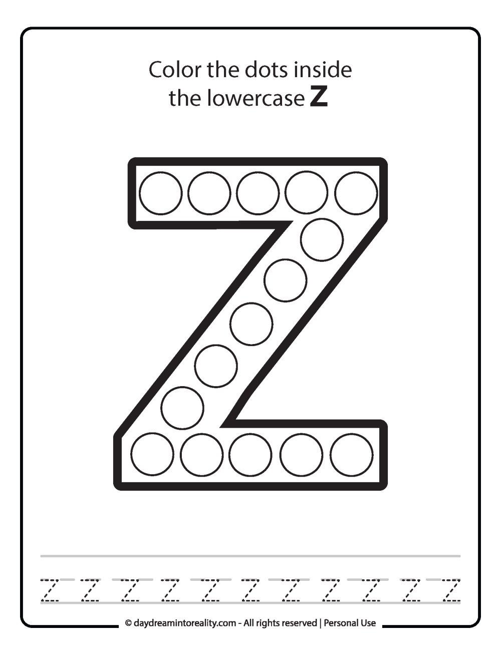 Lowercase "z" Dot Marker Worksheet Free Printable activity for kids (preschool, kindergarten)