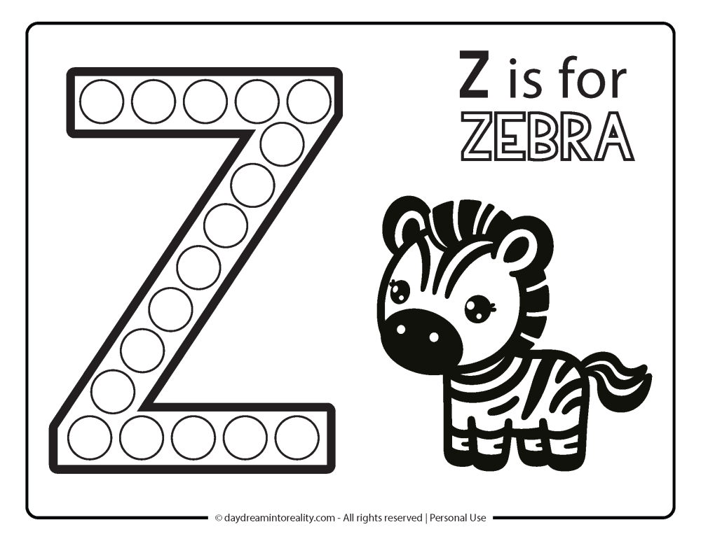 Letter "z" Dot Marker Worksheet Free Printable activity for kids (preschool, kindergarten). z is for zebra