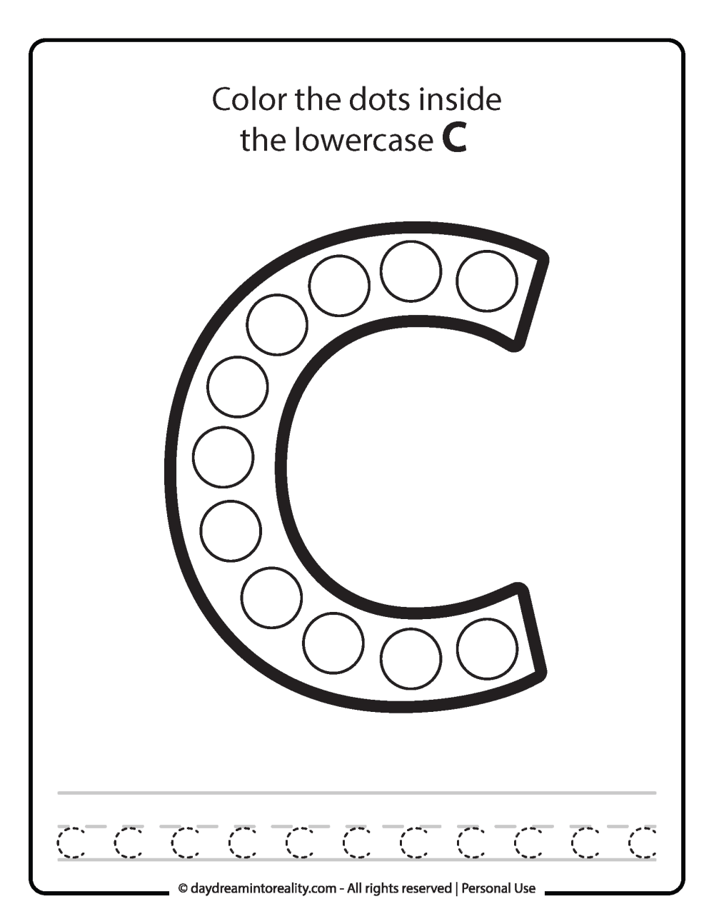 Lowercase "c" Dot Marker Worksheet Free Printable activity for kids (preschool, kindergarten)
