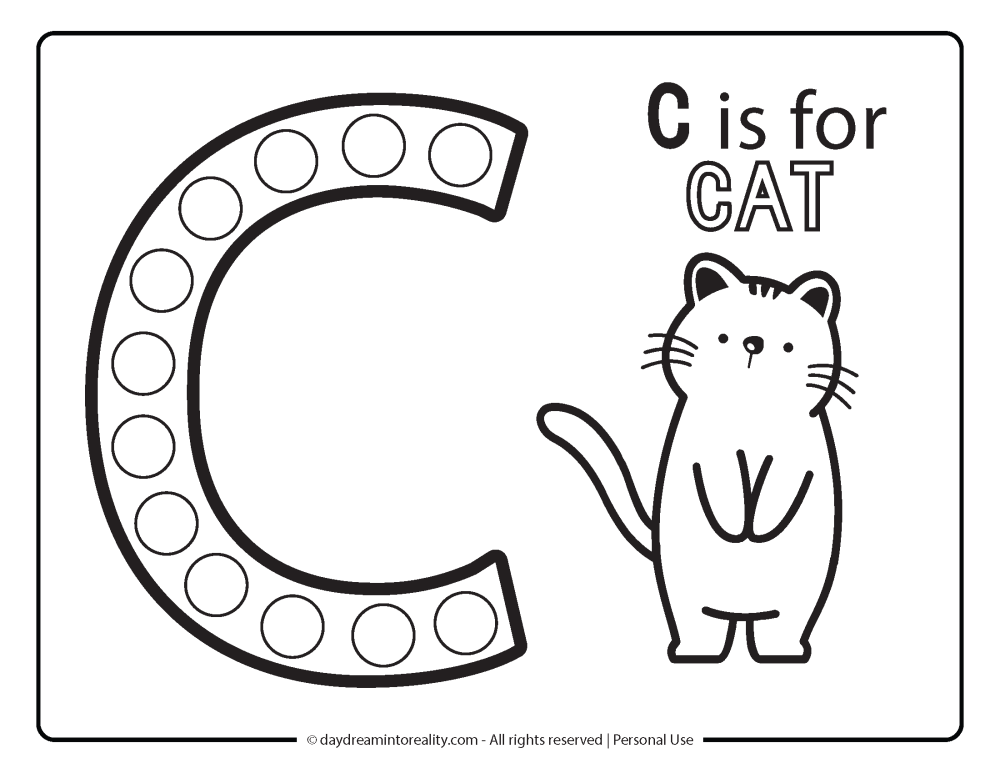Letter "c" Dot Marker Worksheet Free Printable activity for kids (preschool, kindergarten) - C IS FOR CAT
