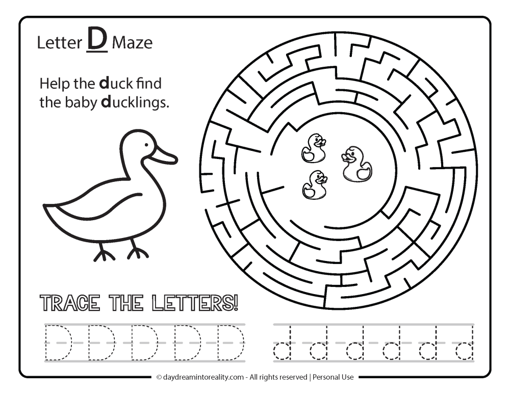 Letter "D" Maze Free Printable - Help the duck find the baby ducklings.