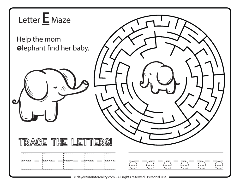 Letter "E" Maze Free Printable - Help the mom elephant find her baby
