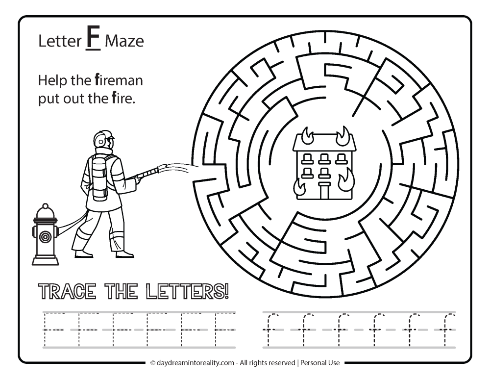 Letter "F" Maze Free Printable. Help the fireman put out the fire