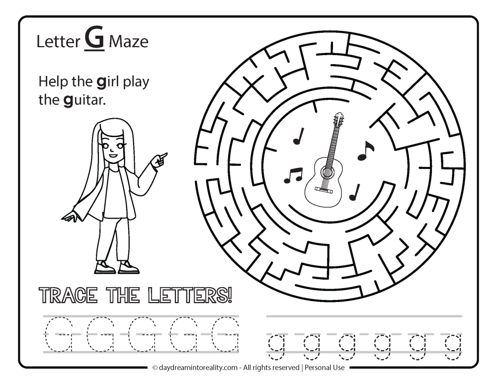 Letter "G" Maze Free Printable - help the girl play the guitar